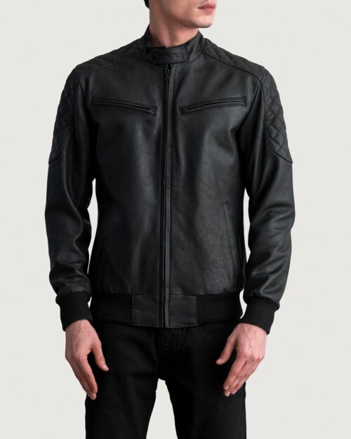 Thane Dark Black Leather Bomber Jacket